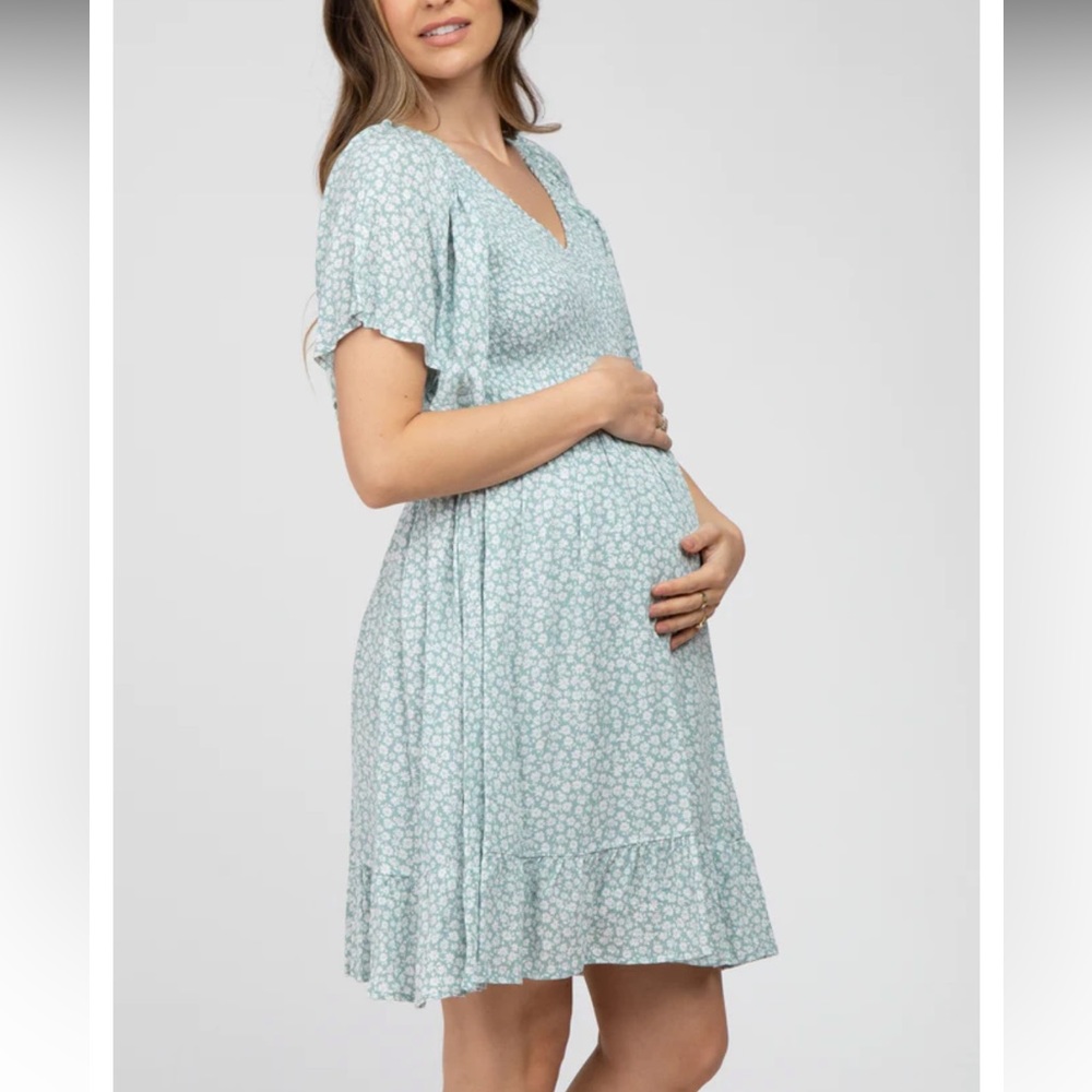 In Loom Mint Green Floral Print Smocked V-Neck Maternity Dress